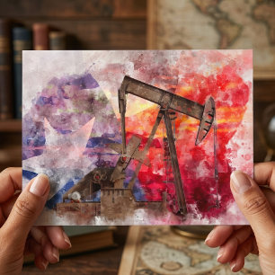 Cartão Postal Símbolo texano do Pumpjack aquarela com a bandeira