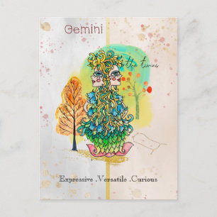Cartão Postal Símbolo Zodiac Gemini Whimsical Twins Verde Amare