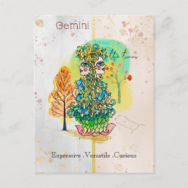 Cartão Postal Símbolo Zodiac Gemini Whimsical Twins Verde Amarel