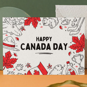 Cartão Postal Símbolos Canadianos Ilustrativos Festivos Vermelho