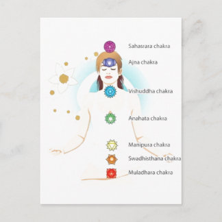 Cartão Postal símbolos de texto de chakra de mulher sentada lótu