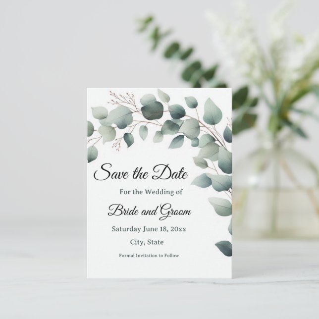 Cartão Postal Simple Eucalyptus Wedding Save the Date Postcard (Em pé/Frente)