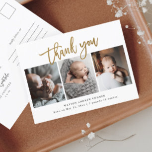 Cartão Postal Simple Gold Script 3 Photo Baby Thank You