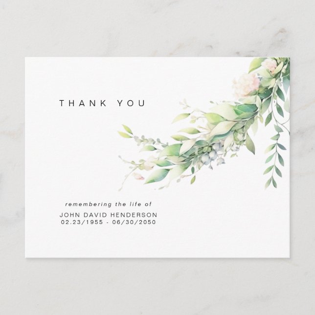 Cartão Postal Simple Greenery Funeral Loss of Life Thank You (Frente)