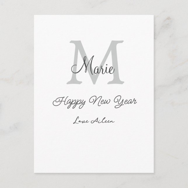 Cartão Postal simple minimal happy new year monogram gray name  (Frente)