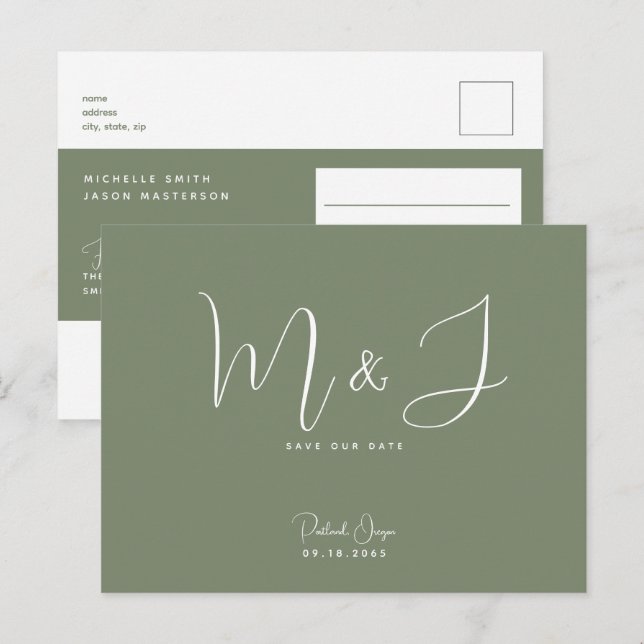 Cartão Postal Simple Modern Sage Weding Date (Sábio Simples) (Frente/Verso)