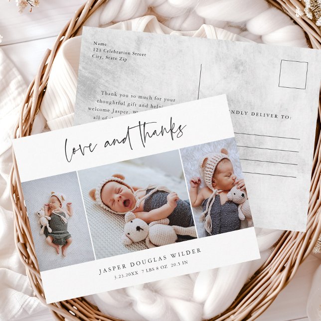 Cartão Postal Simples 3 Foto Amor e Agradecimento Bebê Obrigado (Simple 3 Photo Script Love and Thanks Baby Announcement Thank You Postcards.)