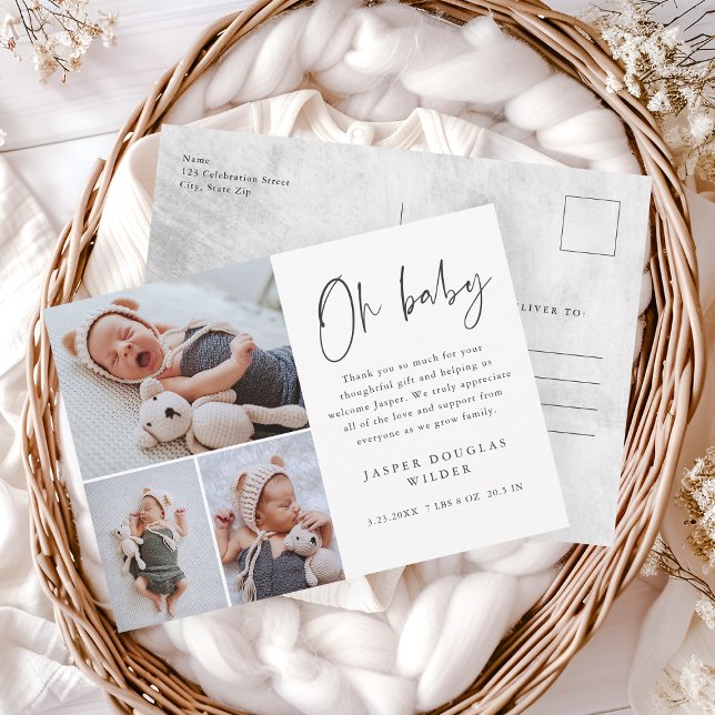 Cartão Postal Simples 3 Fotos Oh Bebê Obrigado (Simple 3 photo oh baby announcement thank you postcards.)