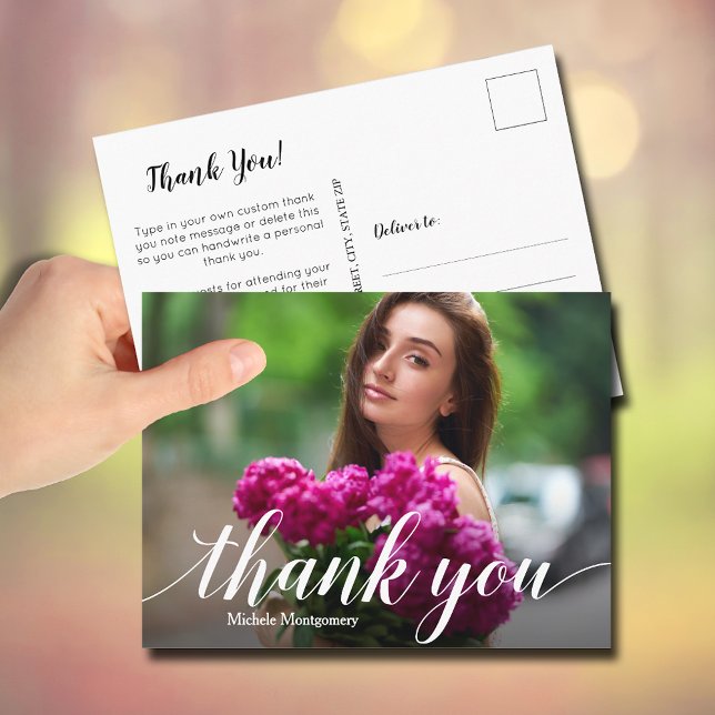 Cartão Postal Simples Agradecimento de Formatura com Letra Branc (Simple photo graduation thank you Postcards)