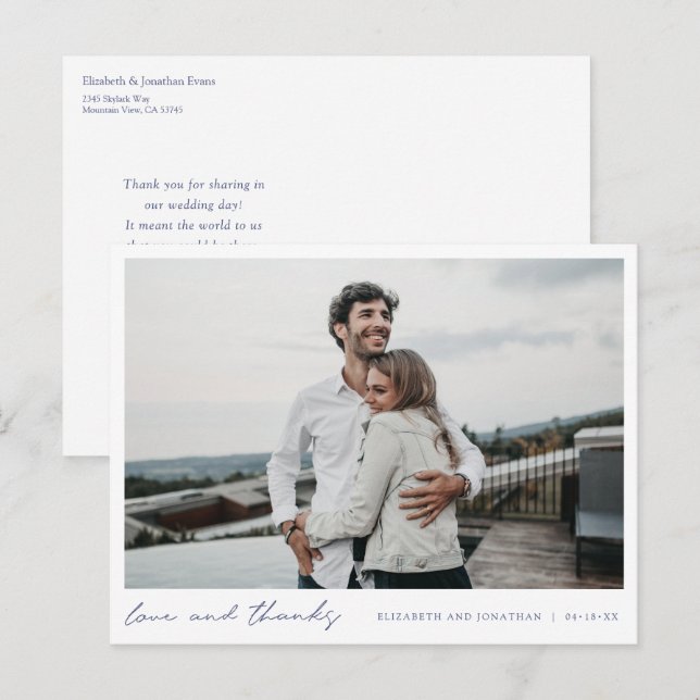 Cartão Postal Simples Agradecimento de Foto de Casamento Azul El (Frente/Verso)