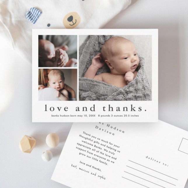 Cartão Postal Simples amor e Obrigados 3 Photo Baby Obrigado (Simple love and thanks typography baby photo thank you postcard.)