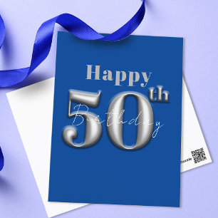 Cartão Postal Simples Azul Real e Prata 50º Aniversário