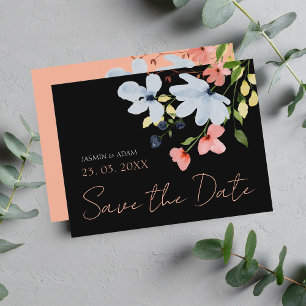 Cartão Postal Simples Casamento Floral Rosa Preto Salve a Data