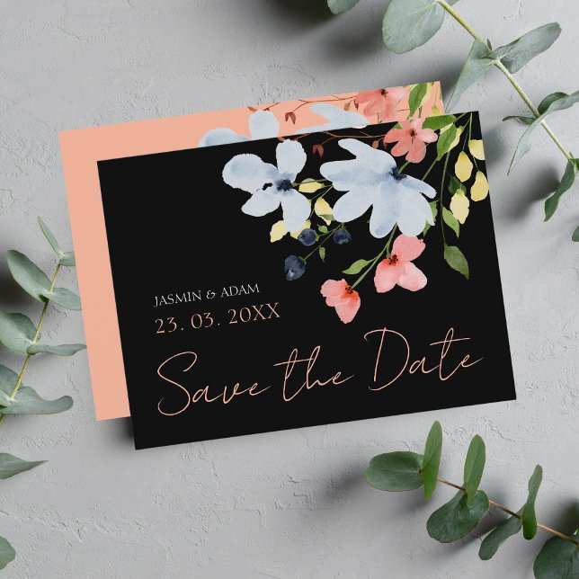 Cartão Postal Simples Casamento Floral Rosa Preto Salve a Data (Criador carregado)