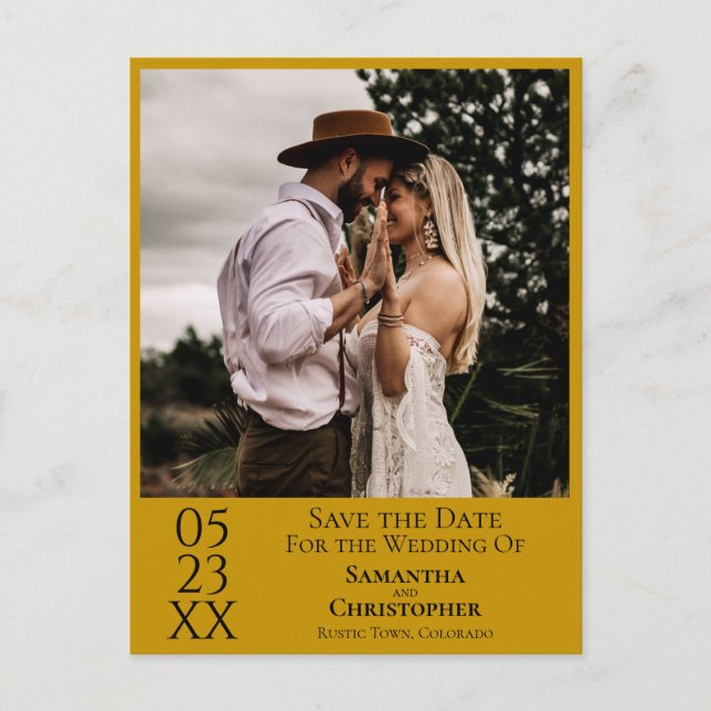 Cartão Postal Simples casamento Marigold Salve a Foto da Data (Frente)