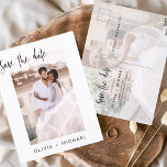 Cartão Postal Simples editável Salve a data e minimalista de fot<br><div class="desc">Casamento Salve os Cartões de Data que têm uma foto na frente e atrás. Os Cartões salve a data contêm uma moderna tipografia cursiva escrita escrita escrita escrita escrita escrita escrita escrita que é elegante,  simples e moderna a ser usada depois da simples celebração do dia de casamento minimalista.</div>