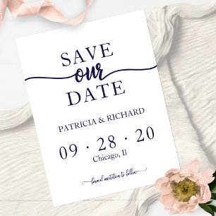 Cartão Postal Simples Elegante Azul Marinho Branco Casamento Sal