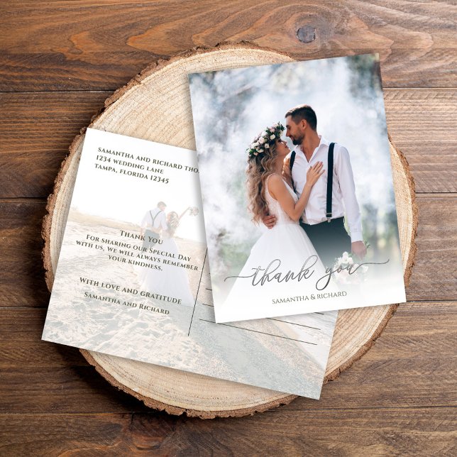 Cartão Postal Simples Elegante Duas Fotografias Moderna (Silver calligraphy script photo thank you postcard. )