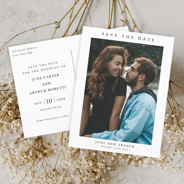 Cartão Postal Simples Foto de Casamento Salve a Data (Simple typographic photo wedding save the date postcard.)