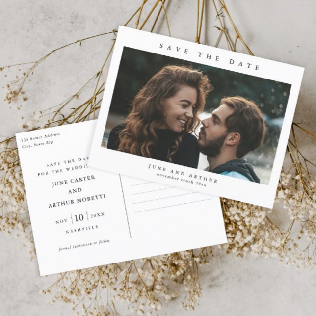 Cartão Postal Simples Foto de Casamento Salve a Data (Simple typographic photo wedding save the date postcard.)