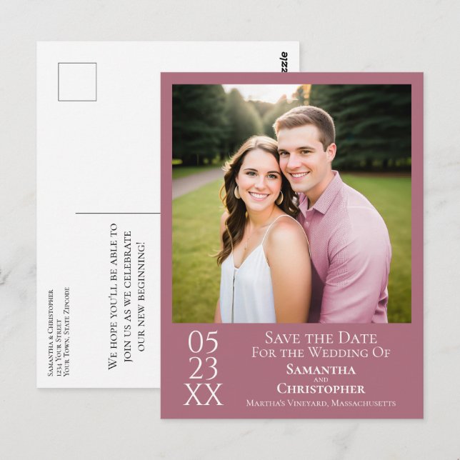 Cartão Postal Simples Foto de Save the Date de Casamento em Rosa (Frente/Verso)