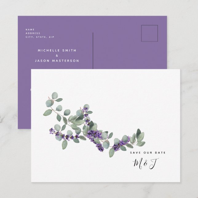 Cartão Postal Simples Lavanda de Aquarela e Folhagem Salva a Dat (Frente/Verso)