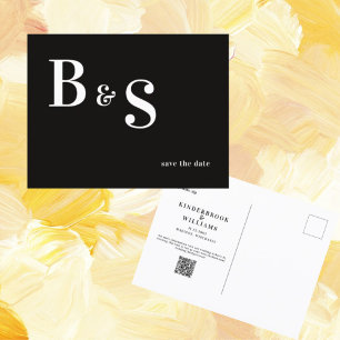 Cartão Postal Simples Moderno B/W Monograma Código QR Salvar Dat