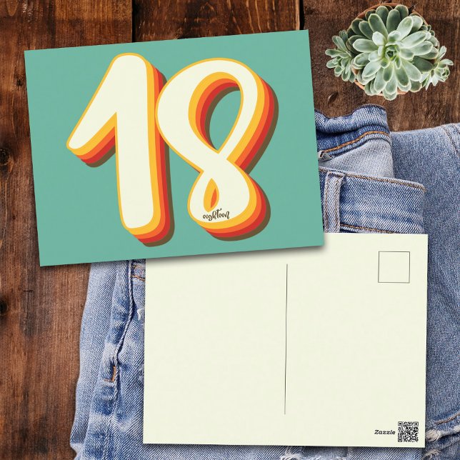 Cartão Postal Simples Moderno Retro Groovy Dezoito 18º Aniversár (Front and Back)