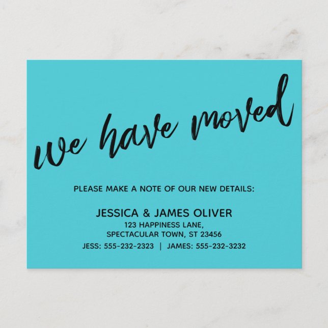 Cartão Postal Simples Nós Mudamos Letra Informal Turquesa (Frente)