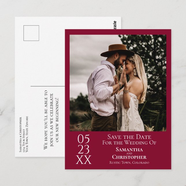 Cartão Postal Simples Salva Data de Casamento Vermelho Cranberry (Frente/Verso)
