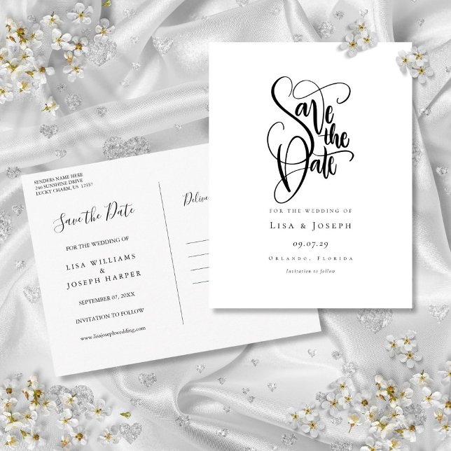 Cartão Postal Simples Save the Date de Caligrafia Preto e Branco (Simple Black and White Calligraphy Save the Date Postcard)