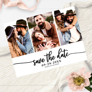 Cartão Postal Simples Save The Date de Colagem de 3 Fotos para C