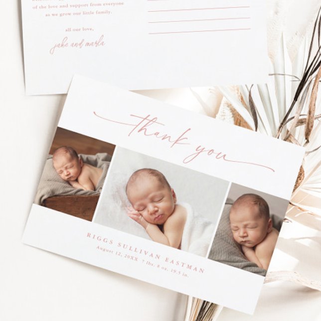 Cartão Postal Simples Script Photo Collage Baby Obrigado (Dusty pink script 3 girls photo baby thank you cards.)