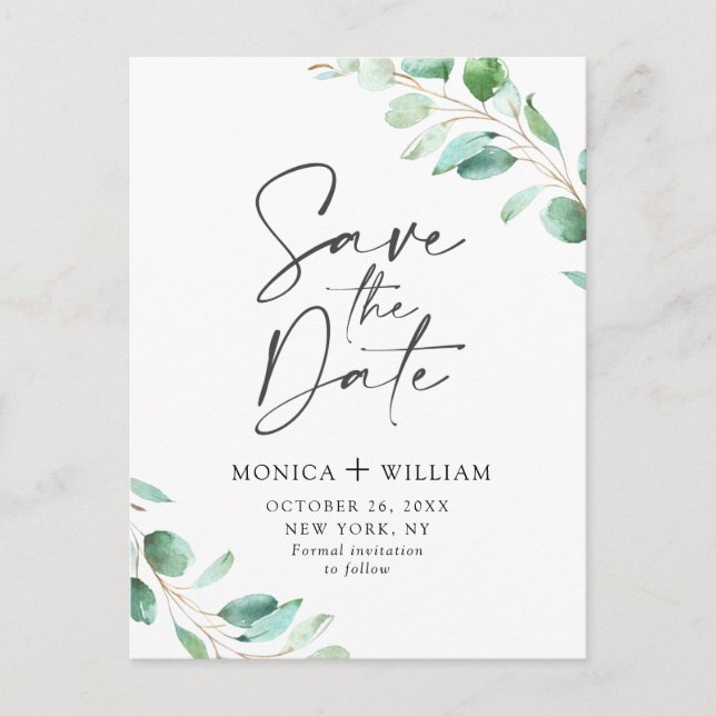 Cartão Postal Simply Elegant Eucalyptus Wedding Save the Date (Frente)