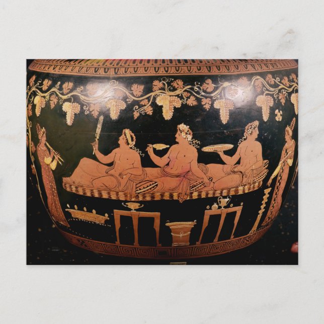 Cartão Postal Simpósio mostrando três homens jogando cottabos (Frente)