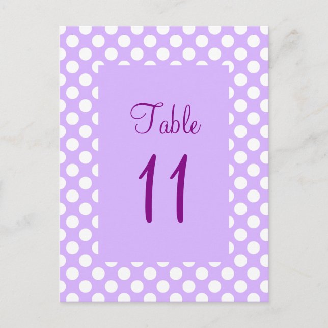Cartão Postal Sinal de Número de Mesa com Pontos Polka Roxo Clar (Frente)
