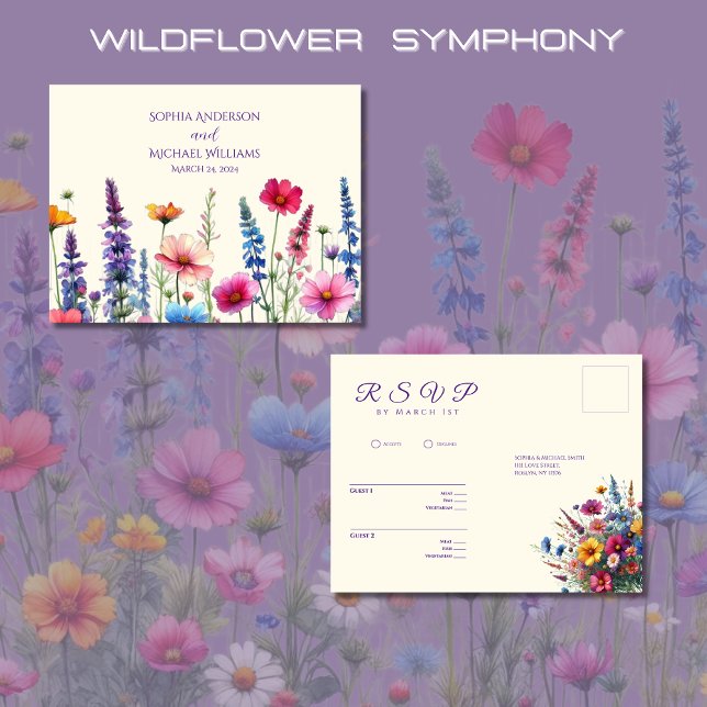 Cartão Postal Sinfonia de flor selvagem - RSVP-Casamento - Cartã (Wildflower Symphony Wedding RSVP Postcard-Colorful, Rustic, Country, Bohemian, Elegant)
