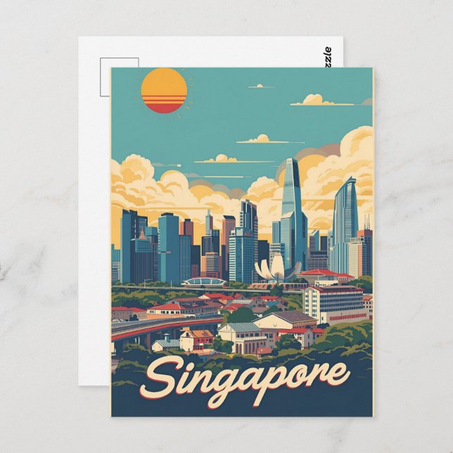 Cartão Postal Singapore city retro Skyline (Frente/Verso)