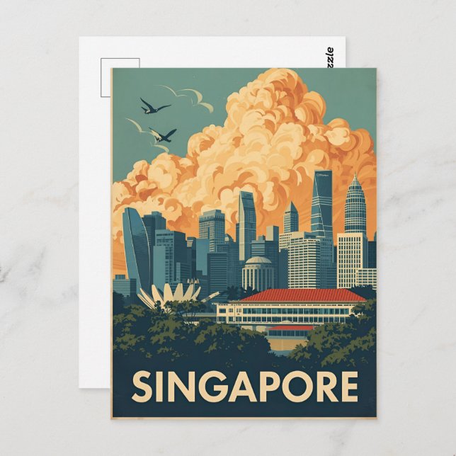 Cartão Postal Singapore city retro Skyline (Frente/Verso)