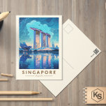 Cartão Postal Singapura Marina Bay Night Viagem Art Vintage<br><div class="desc">Singapura retro vetor viagem design. Marina Bay é uma área de alto escalão de arranha-céus,  hotéis elegantes e shoppings de luxo. É conhecida pela torre da roda-gigante Singapura Flyer Ferris e pelos conservatórios de flores e superárvores coloridas de jardins pela baía.</div>