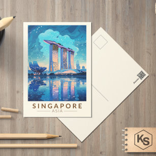 Cartão Postal Singapura Marina Bay Night Viagem Art Vintage