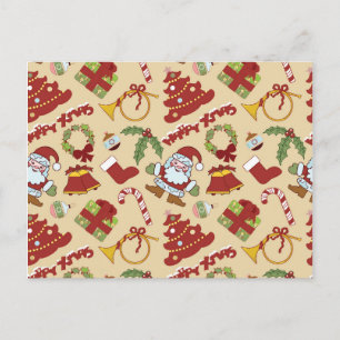 Cartão Postal Sinos de Natal, árvore e Papai Noel