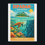 Cartão Postal Sipadan Island, Malaysia, in a vibrant<br><div class="desc">Travel poster featuring Sipadan Island, Malaysia, in a vibrant tropical retro style. Crystal-clear turquoise waters with coral reefs visible beneath the surface, sea turtles, schools of colorful fish, and dramatic underwater drop-offs. Small palm-covered island silhouette above the waterline under a bright blue sky. Tropical retro color palette: aqua blue, teal,...</div>