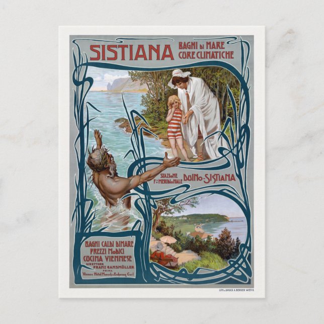 Cartão Postal Sistiana Itália Cartaz de Viagem Antiga 1900 (Frente)