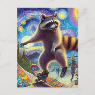Cartão Postal Skate Adorable Surreal Raccoon