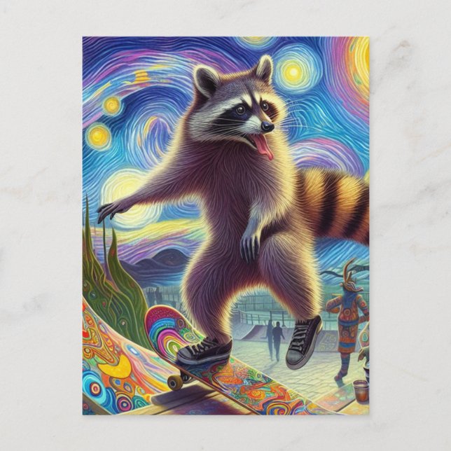 Cartão Postal Skate Adorable Surreal Raccoon (Frente)