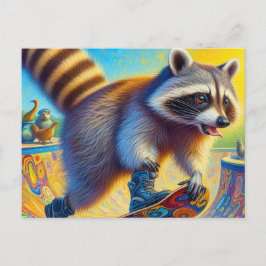 Cartão Postal Skateboard Adorable Raccoon