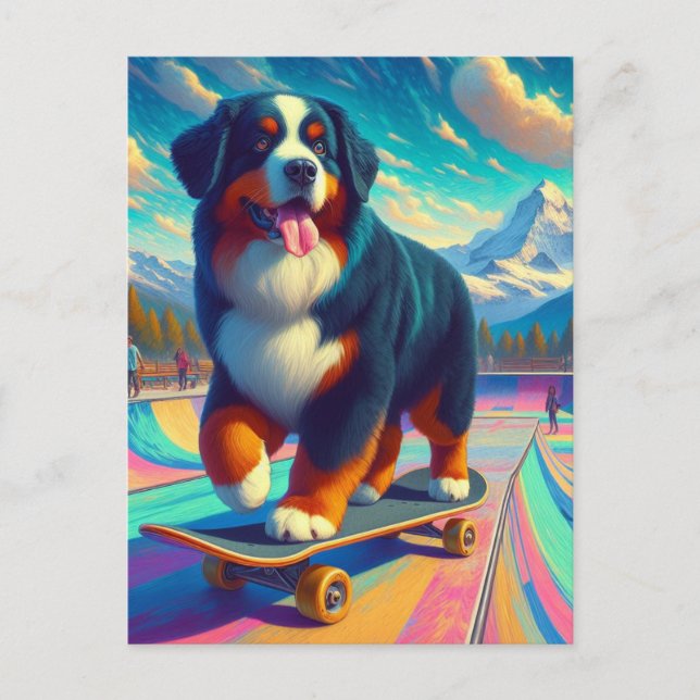 Cartão Postal Skateboard Bernese Mountain Dog Adorável (Frente)