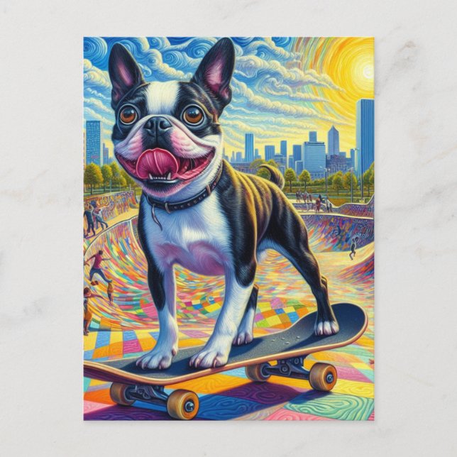 Cartão Postal Skateboard Boston Terrier Diversão Colorida Surrea (Frente)