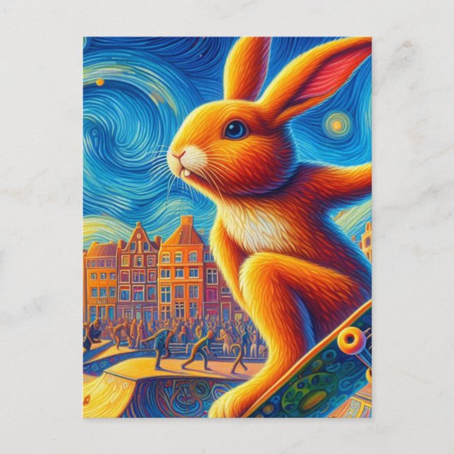 Cartão Postal Skateboard Brown Bunny Surreal Colorida e Divertid (Frente)